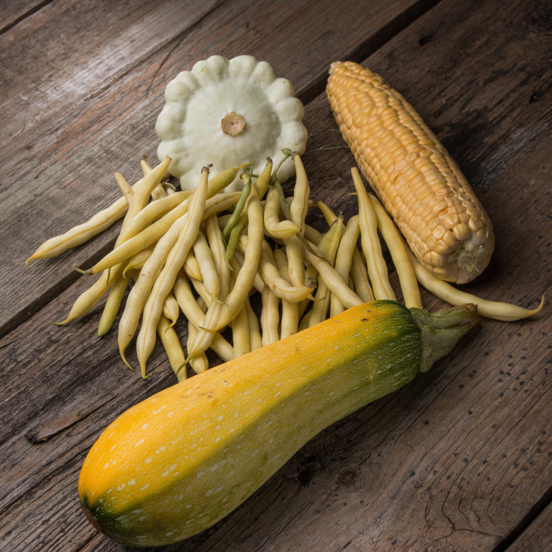 Image of yellow corn, beans, and squash on table