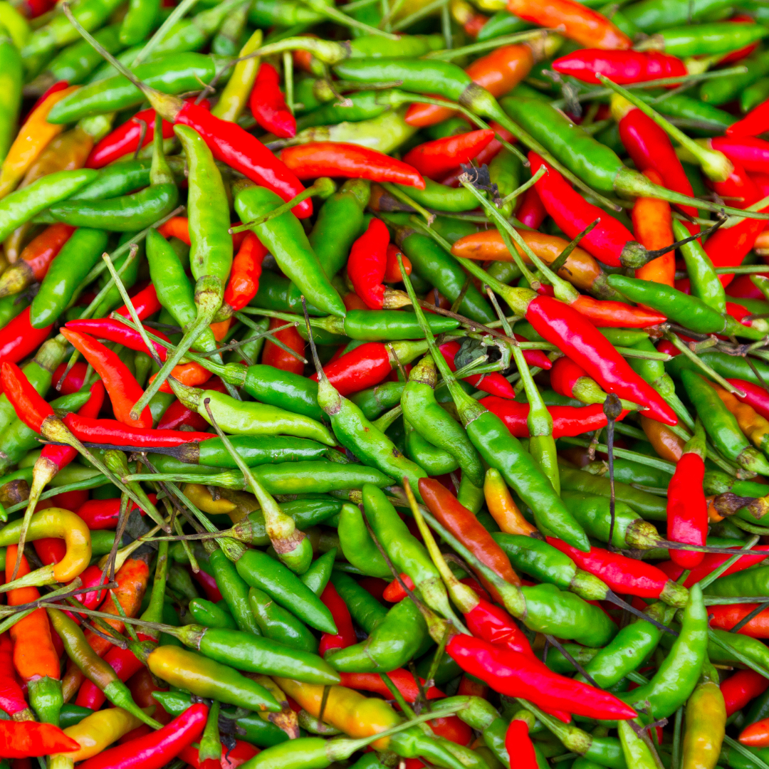 red, green, and yellow green chile peppers