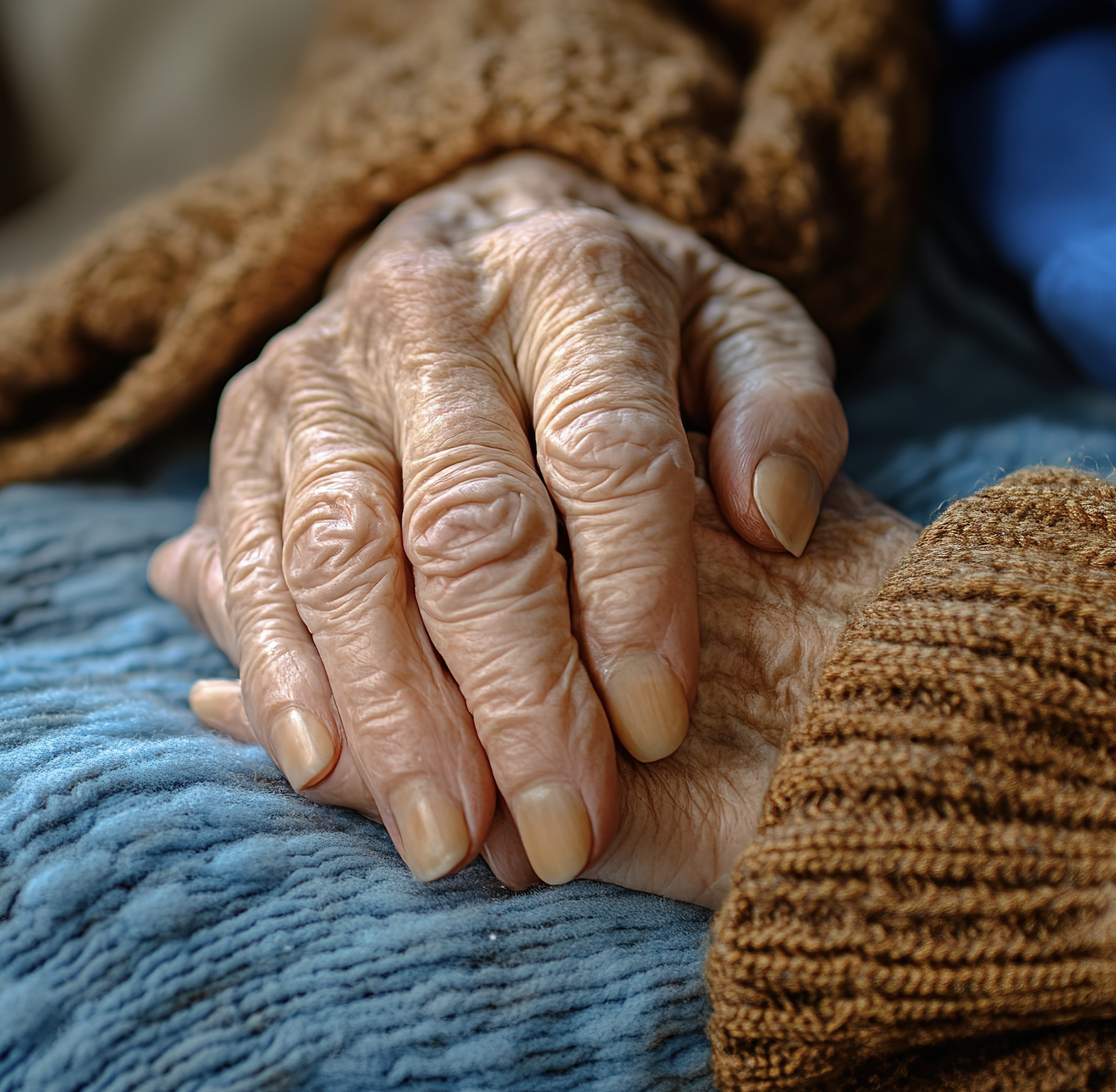 Image close up of elderly hands crossed on a lap