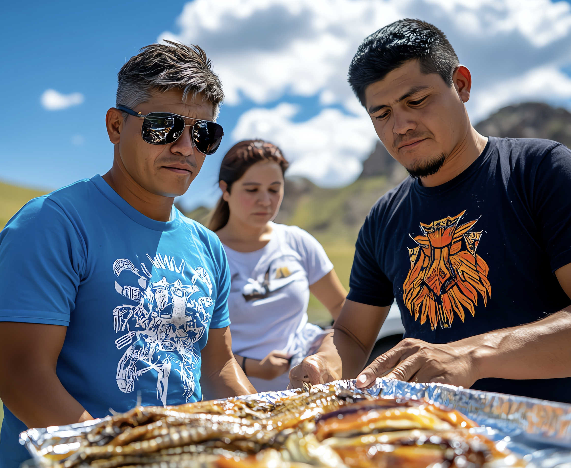Image of two men in foreground with traditional foods and one woman in background on a sunny day