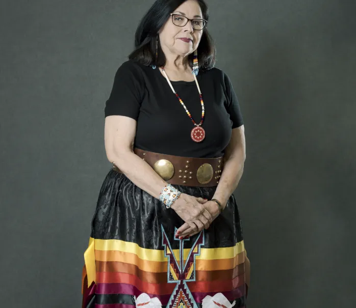 Image of Diane Yankton in traditional ribbon skirt